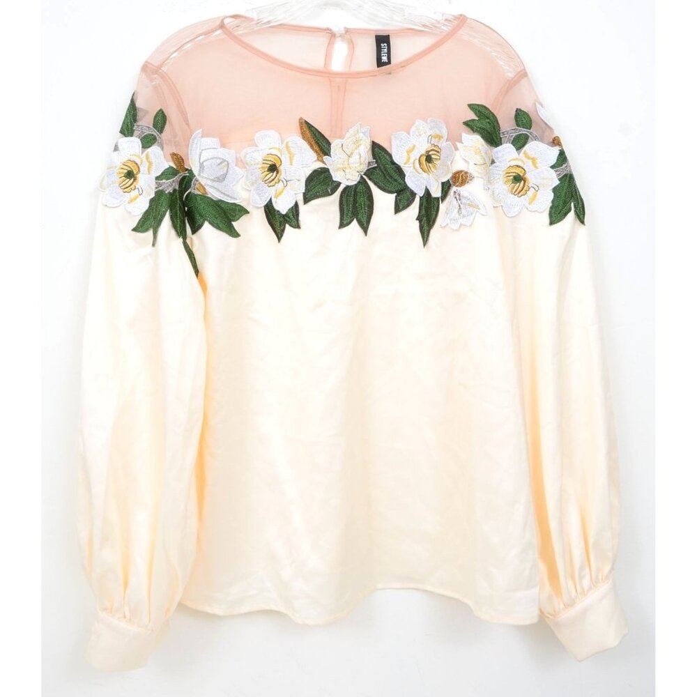 StyleWe Satin Floral Mesh See-thru Long Sleeve Party Cocktail Blouse Women's LG